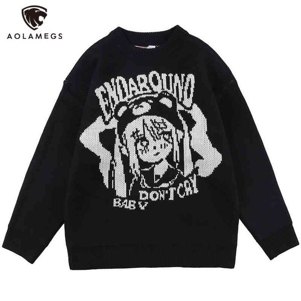 

aolamegs sweater japane cute girl cartoon anime knitted pullover couple loose hipster high street cool autumn men clothing, Black
