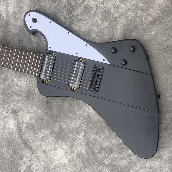 

transportation, 8-string goose shaped matte transparent black electric guitar, neck through the body, customizable guitars