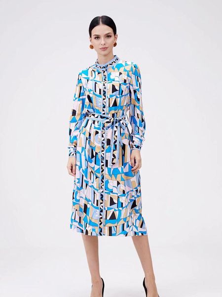 

bohemian summer dress 2021 vacation women fashion runway long sleeve geometric print bow belt shirt style midi casual dresses, Black;gray