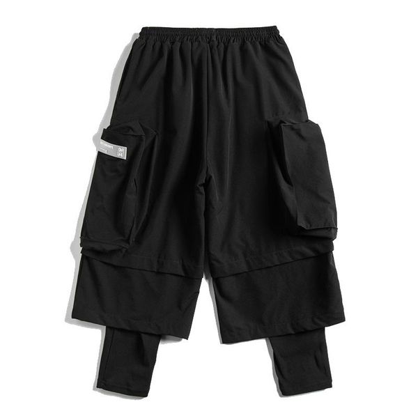 

techwear big pockets fake two pieces hip hop japanese tooling loose casual pants for men pencil cargo autumn trousers bottoms men's, Black