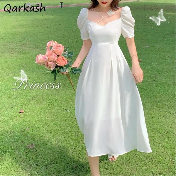 

casual dresses puff sleeve dress women solid sweet summer midi square collar retro holiday lovely college mujer vestidos tender design ins c, Black;gray