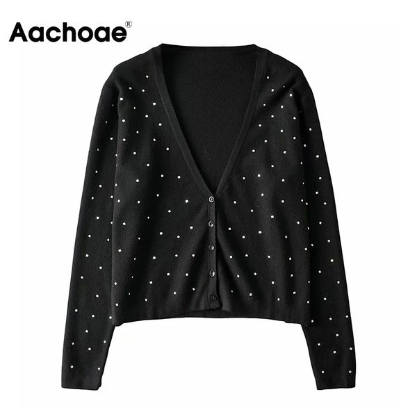 

aachoae chic rivet black sweater women v neck fashion lady cardigan sweater long sleeve knit jumper autumn spring 210413, White;black