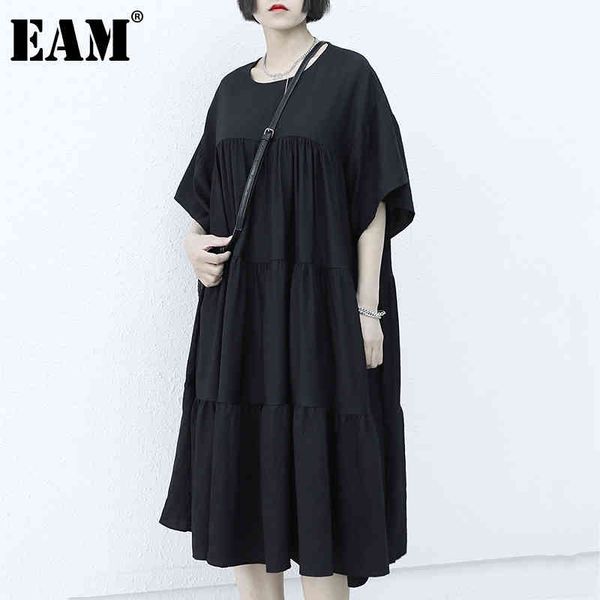 

[eam] women black big size pleated long dress round neck short sleeve loose fit fashion spring summer 1dd7339 210512, Black;gray