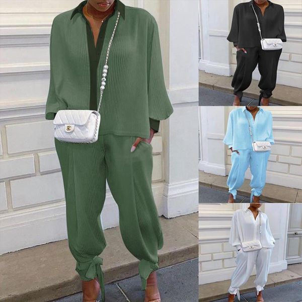 

spring tying feet trousers polo women capris with buttons v neck temperament commuter ladies pleated suit fashion clothing, Black;white