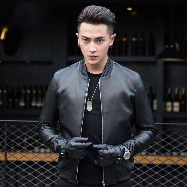 

off season sheepskin leather jacket baseball collar short men's coat & faux, Black