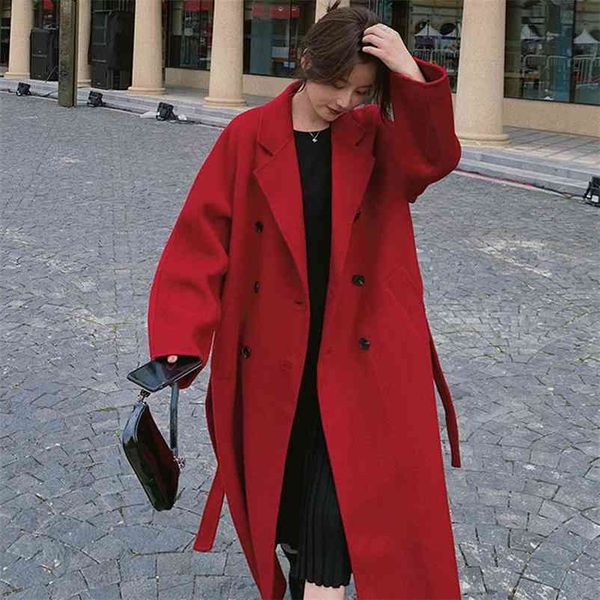 

wonder autumn single-breasted woolen coat vintage female long korean jackets casual street lady outwears 210510, Black