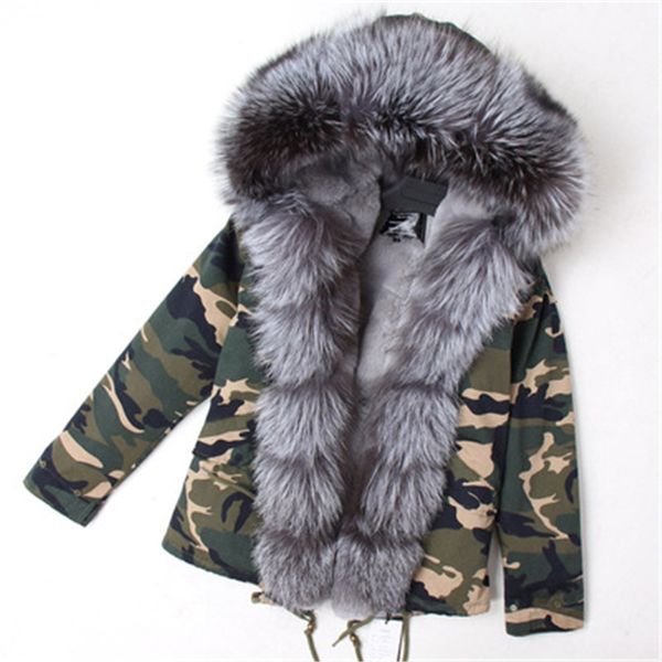 

short style silver fox fur trim closing women snow parkas maomaokong grey rex rabbit fur lining camouflage mini jackets, Black