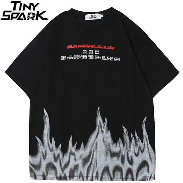 

streetwear harajuku men tshirt hip hop letter fire flame print t shirt summer short sleeve cotton loose t-shirt tees 210714, White;black