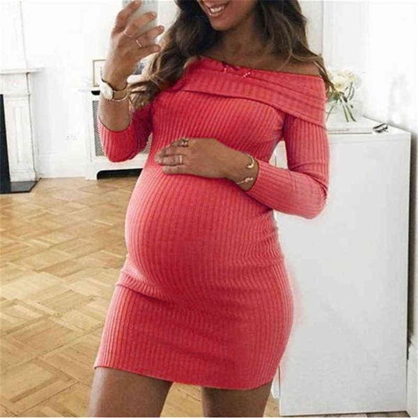 

2020 spring new style women's pregnancy casual slash neck mini dress maternity long sleeve clothes female dresses vestidos aa220309, White