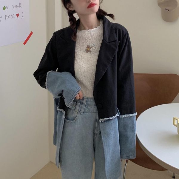 

women's jackets patchwork jacket coat women autumn winter jeans female high street korean japan style hajaruku casual 2021, Black;brown