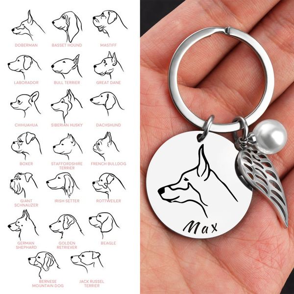 Custom Pet Nome Cão Chaveiros Com Asa Pérola Pingente Para As Mulheres Homens Aço Inoxidável Keyring Personalizado Laser Gravar Retrato