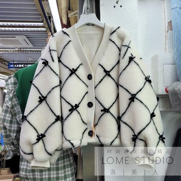 

women's fur & faux fall/winter women v-neck plaid coat loose casual single breasted bow decoration female long sleeve plus plush outerw, Black