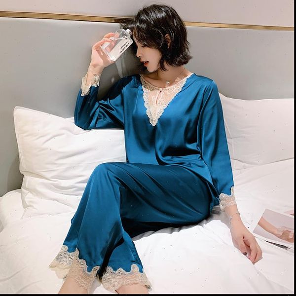 

lace trimmed pajama women sleepwear set spring summer long sleeve silk pyjamas soft casual homewear 2pcs pijama, Black;red