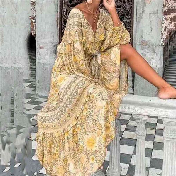 

vintage women v neck print maxi dress loose full lantern sleeve patchwork dress elegant lady spring autumn outdoor casual, Black;gray