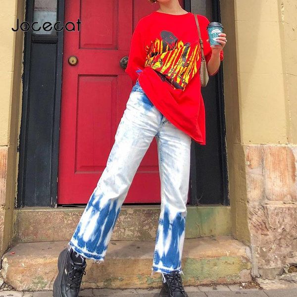 

jocecat grunge aesthetic jeans mujer tie dye print vintage 90s cargo pants high waist straight distressed denim trousers y2k women's, Blue