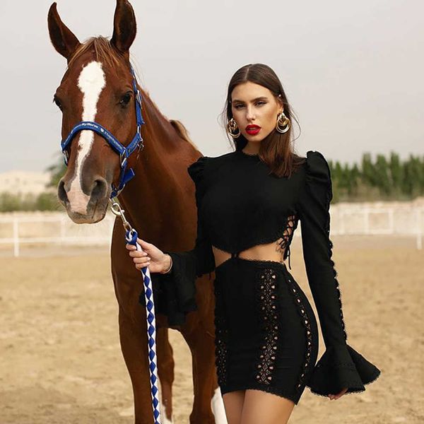 

swtao women v neck long puff sleeve hollow out black bandage dress bodycon evening club party vestido 210527, Black;gray