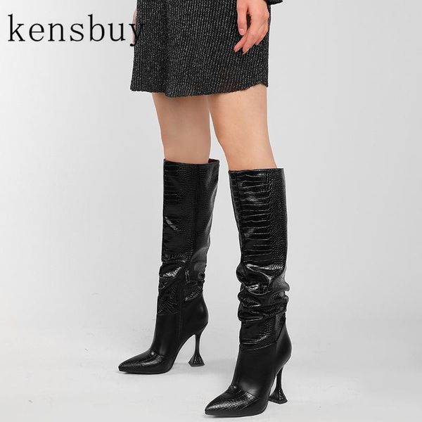

boots 2021 black lazy pleated long fashion pointed toe kitten heels knee high summer side zipper party