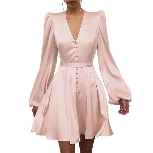 

elegant pink short party dress long sleeve satin mini women a-line puff silk vintage casual dresses, Black;gray