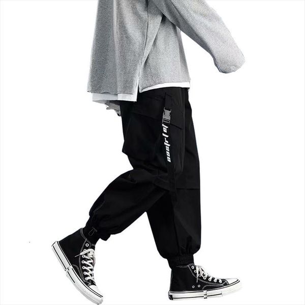 

black multi pocket ribbons women pant joggers trousers hip hop streetwear sweaptpants m xxl