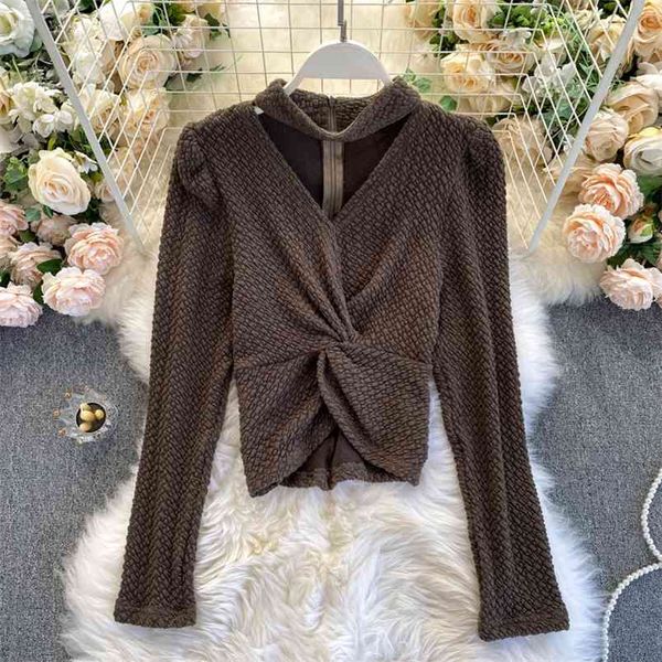 

twisted women korean version autumn and winter round neck halter hollow long-sleeved all-match t-shirt uk383 210507, White