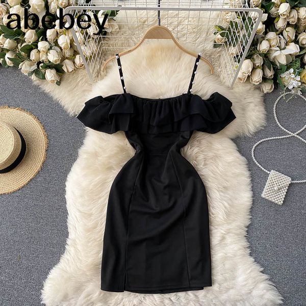 

women off shoulder strap dress design korean mesh puff sleeve slim party es summer drawstring ruched mini 210512, Black;gray