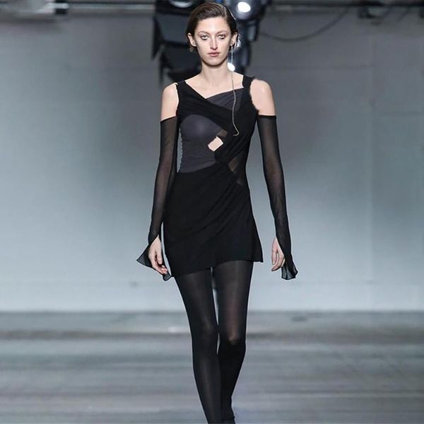 

casual dresses [shesrim] fashion strapless long-sleeved v-neck hollow stitching designer self-cultivation street style women's dress, Black;gray