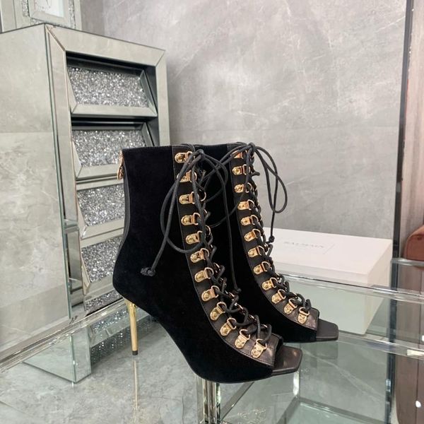 

women black boots ladies peep-toes cow suede high heels lace up decoration zipper sandals zapatillas mujer designer shoes