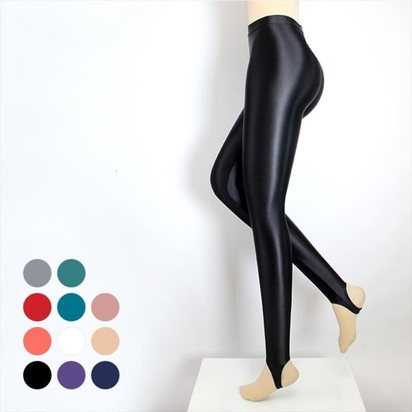

drozeno thin stretch oil shiny women leggings gloss sports pants step on foot fitness, Black