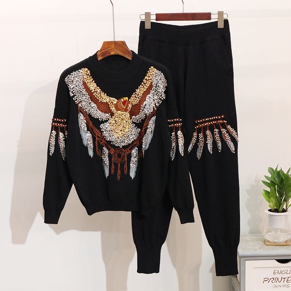 

women's tracksuits spring autumn fashion knitted sweater two piece set streetwear eagle beading + casual pants 2 pc set for g, Gray