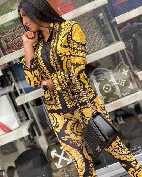 

two piece dress yooneedi 2021 autumn design 2 pcs women set color print turn-down collar blouse and long pants yc1991, White