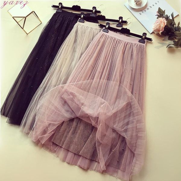 

product metallic mesh woman pleated summer skirts schoolgirl women korean skirt mid long high waist fluffy, Black