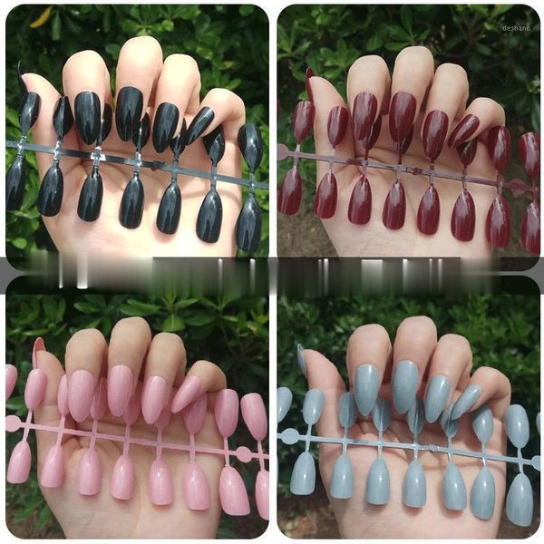 

nail art fake nails long pointed pure color ultra-thin stickers press the to fully cover tips false1, Red;gold
