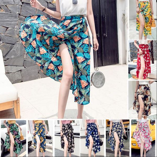 

womens skirt 16 colors vintage floral print beach long skirts summer autumn women korean wrap streetwear drawstring midi, Black