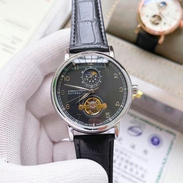 

casual mens sport automatic mechanical watches brand wristwatches flywheel moon phase 42mm dial diamond genuine leather strap men watch for, Slivery;brown