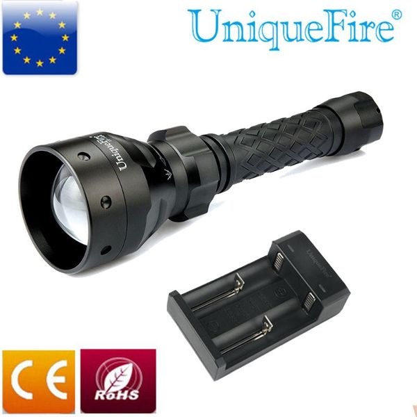 

uniquefire uf-1406-xp-g led 3w zoomable 5-modes camping powerful torch 18650 battery+two slot charger flashlights torches