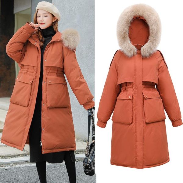 

women's down & parkas winter women x-long fashion big fur collar hooded thicken windproof coat 2021 female slim outwear, Black