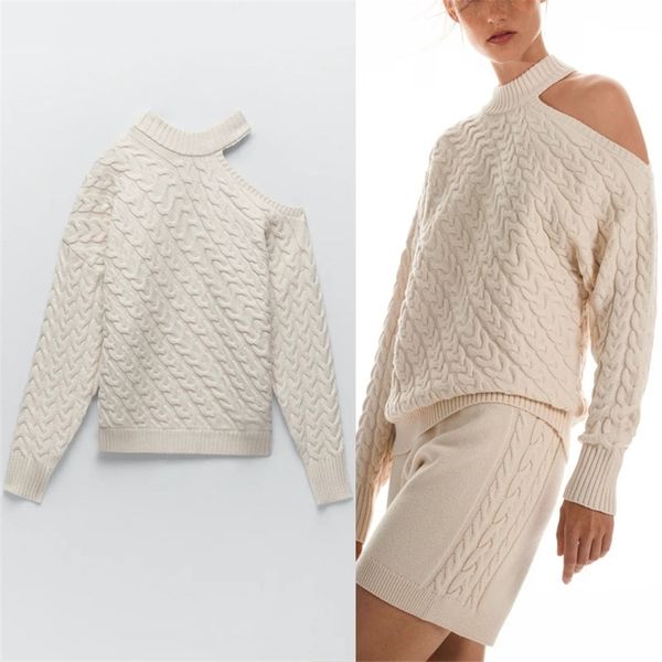 

off shoulder cable knit sweater women fashion long sleeve cut out ribbed vintage sweaters woman pullover knitted 210524, White