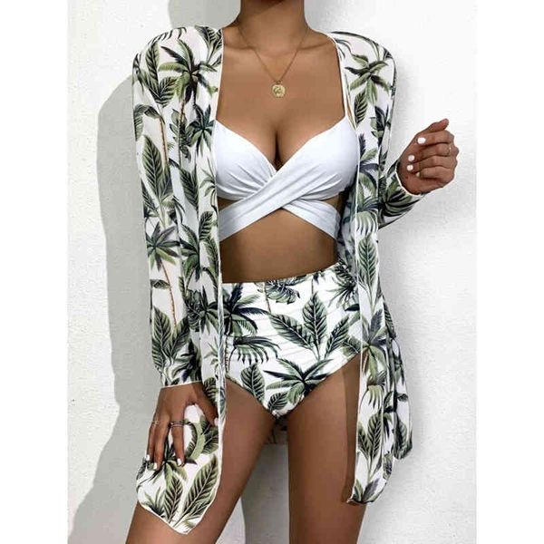 

printed bandages bikini female swimsuit women swimwear three-pieces high waist set with cover up bather bathing suit 210520, White;black
