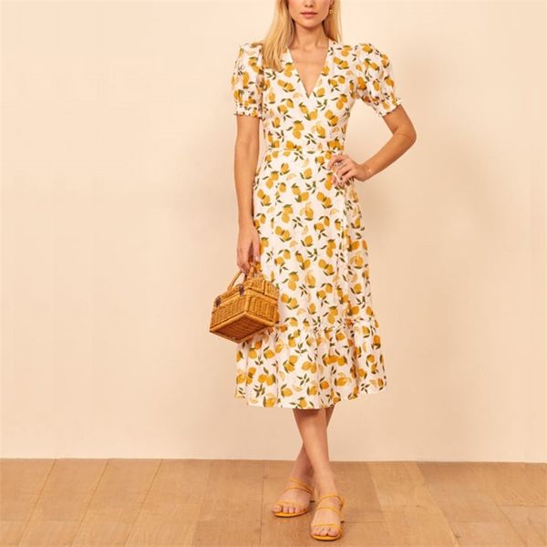 

summer women's dress casual fruit print v-neck short sleeve slim vestidos 210430, Black;gray
