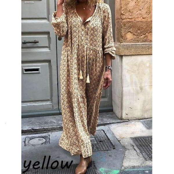 

women's bohemian dresses casual flower long sleeve v-neck dress, Black;gray