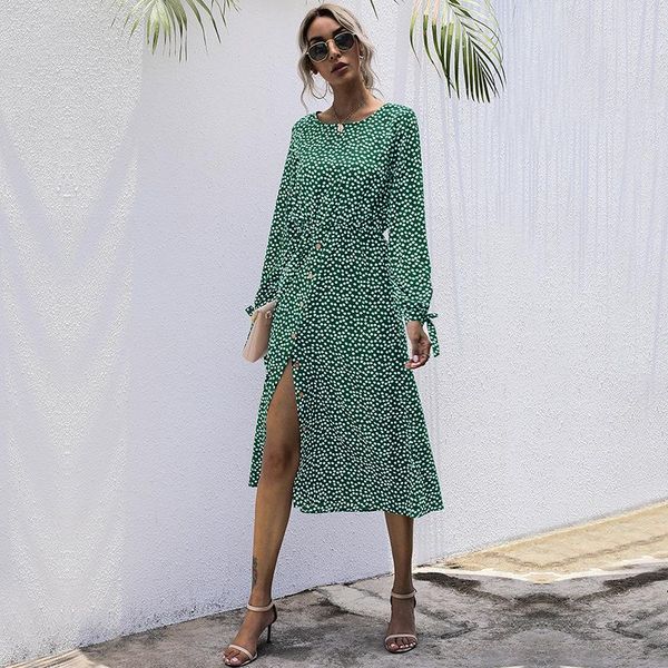 

spring women dot print dresses casual square collar long sleeve elastic waist dress female elegant fashion a-line, Black;gray