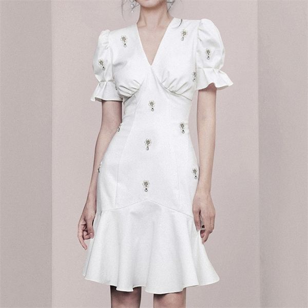 

vintage diamonds summer dress women v neck puff sleeve high waist ruffles mermaid dresses for female fashion 210520, Black;gray