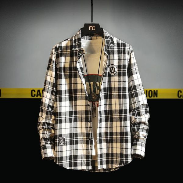 

men's casual shirts korean style slim-fit plaid shirt trend all-match fashion jacket streetwear mens long sleeve print, White;black