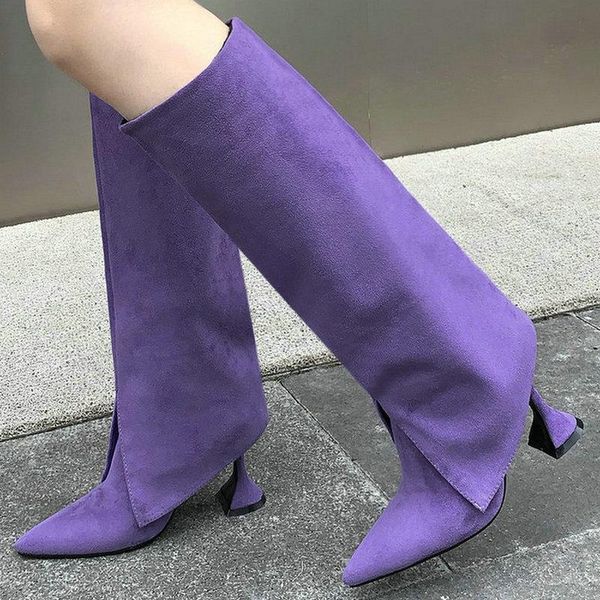 

boots 2021 women knee high fashion pointed toe thin heel ladies calf voots faux suede slip on quality women's, Black