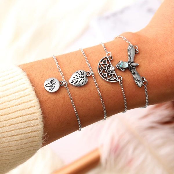 

charm bracelets fashion accessories crystal multi-layer leaf eagle coconut tree 4 pieces set for women party jewelry bangle gift, Golden;silver