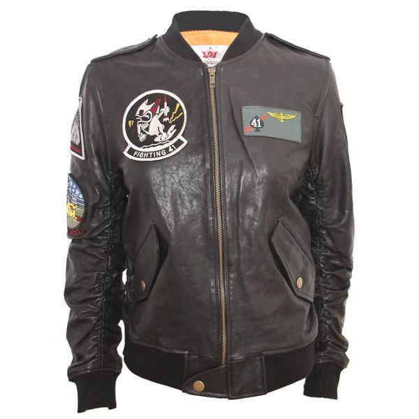 

women's leather & faux women jacket gun fighting pilot coat veg tanned patches slim motorcycle m119, Black