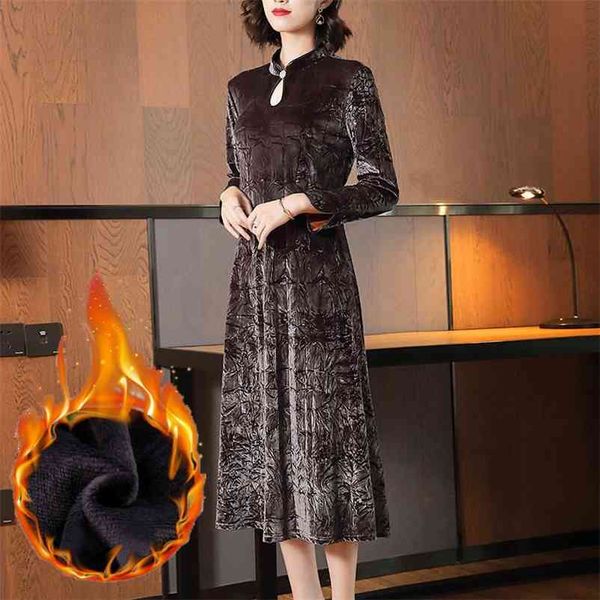 

plus velvet gold improved version cheongsam dress retro autumn and winter office lady 210603, Black;gray