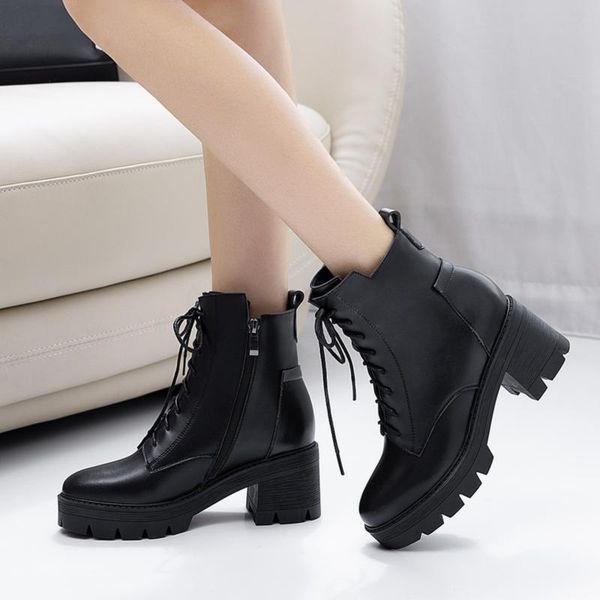 

boots riding women genuine leather party shoes woman thick high heels platform side lace up autumn winter, Black