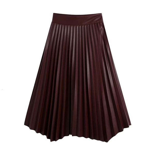 

suits women faux leather plteated midi skirt asymmetric hem high-waist stylish casual pu female skirts womens, Black