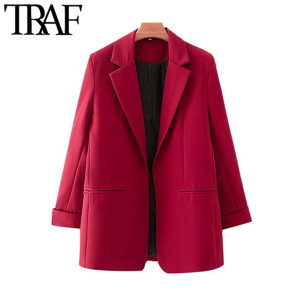 

traf women fashion office wear red blazer coat vintage long sleeve pockets female outerwear chic 210415, Black;brown